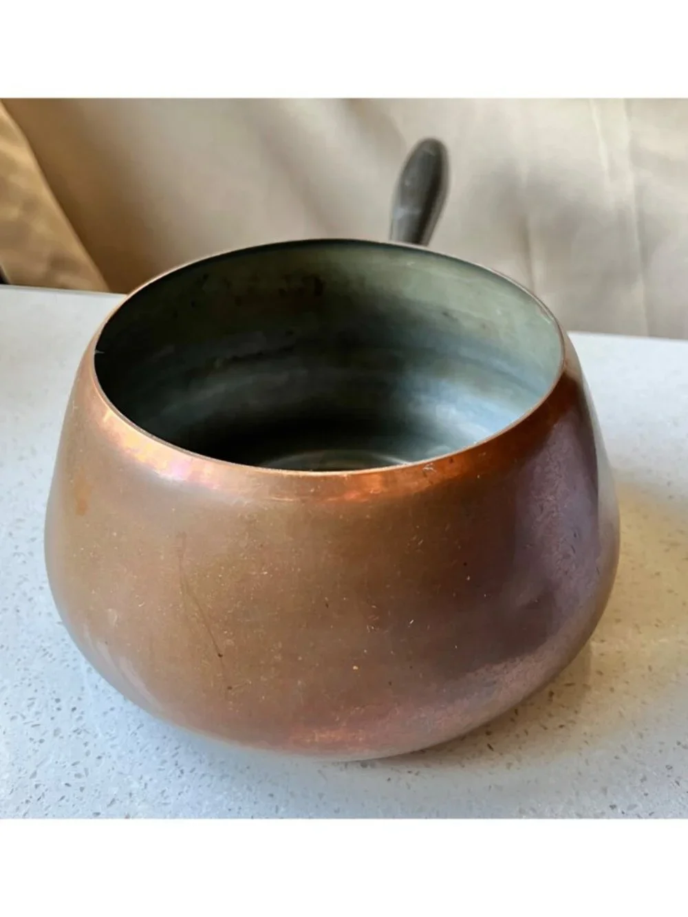 Copper Saucepan With Removable Black Handle & Brass Detail VTG French Country